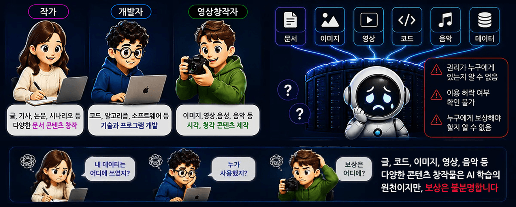 AI는 왜 데이터 생산자에게 정당한 보상을 하지 못할까 — 데이터·콘텐츠·행동 기록을 AI 학습 원천으로 활용하면서 보상은 불분명한 구조